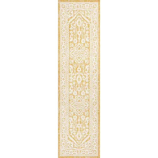 10' Yellow And Cream Medallion Indoor Outdoor Runner Rug Photo 3