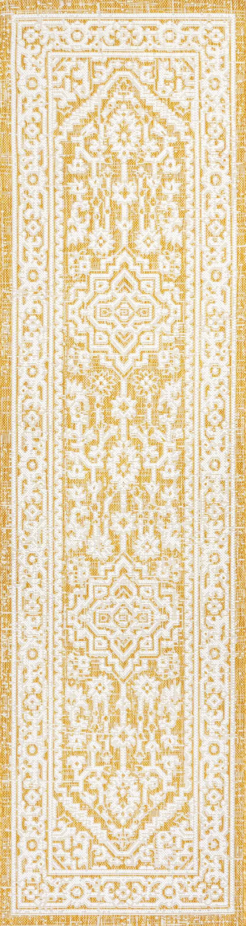 10' Yellow And Cream Medallion Indoor Outdoor Runner Rug Photo 3