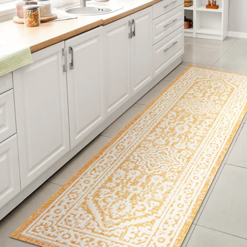 8' Yellow And Cream Medallion Indoor Outdoor Runner Rug Photo 6