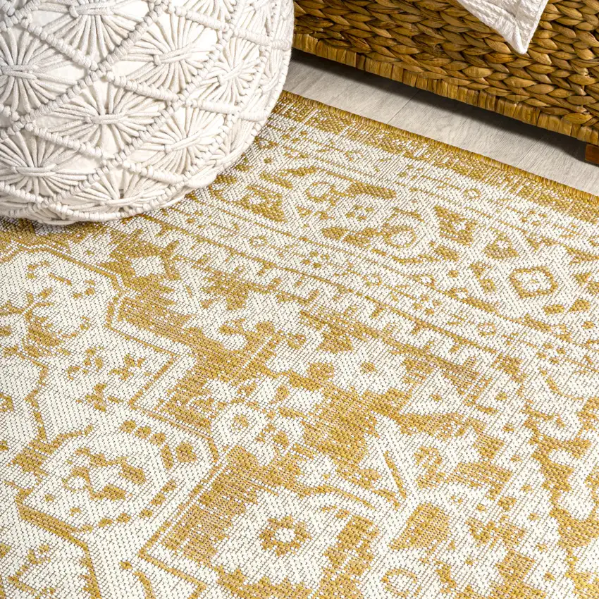 8' Yellow And Cream Medallion Indoor Outdoor Runner Rug Photo 9
