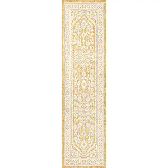8' Yellow And Cream Medallion Indoor Outdoor Runner Rug Photo 1
