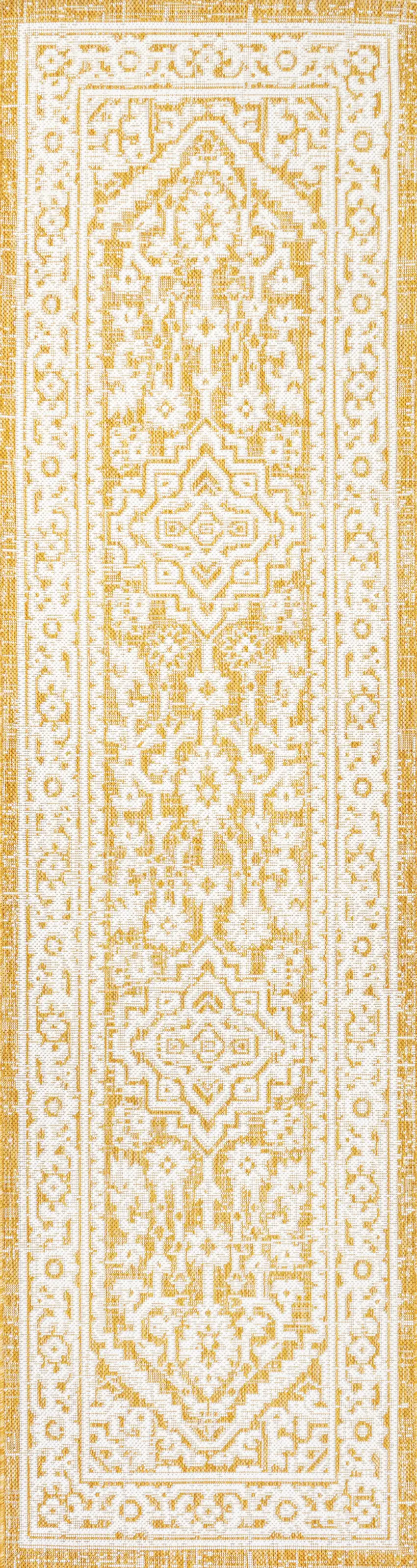 8' Yellow And Cream Medallion Indoor Outdoor Runner Rug Photo 1