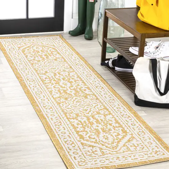 8' Yellow And Cream Medallion Indoor Outdoor Runner Rug Photo 4