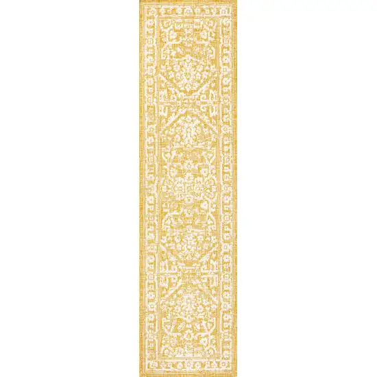 10' Yellow And Cream Medallion Indoor Outdoor Runner Rug Photo 1