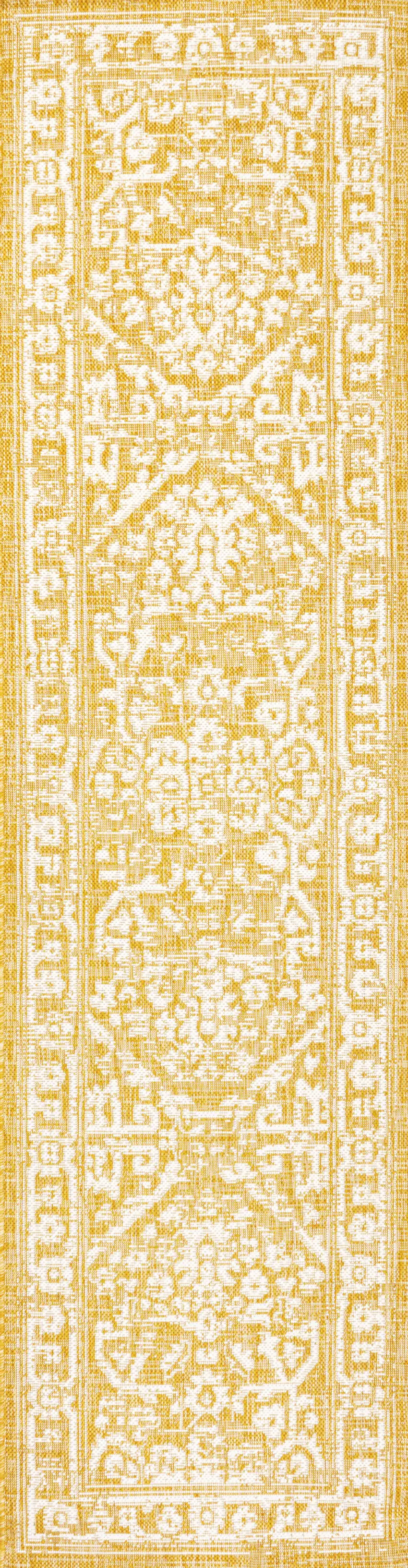 10' Yellow And Cream Medallion Indoor Outdoor Runner Rug Photo 1