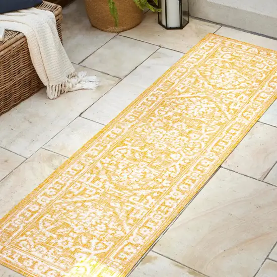 10' Yellow And Cream Medallion Indoor Outdoor Runner Rug Photo 5