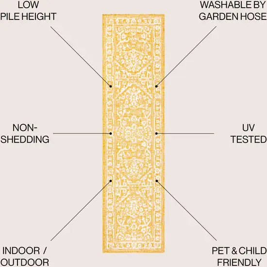 10' Yellow And Cream Medallion Indoor Outdoor Runner Rug Photo 9