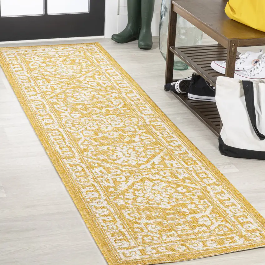 8' Yellow And Cream Medallion Indoor Outdoor Runner Rug Photo 4