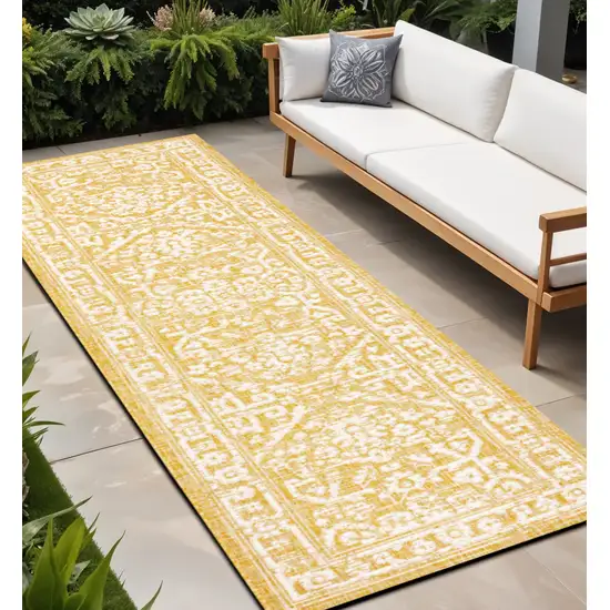 8' Yellow And Cream Medallion Indoor Outdoor Runner Rug Photo 1