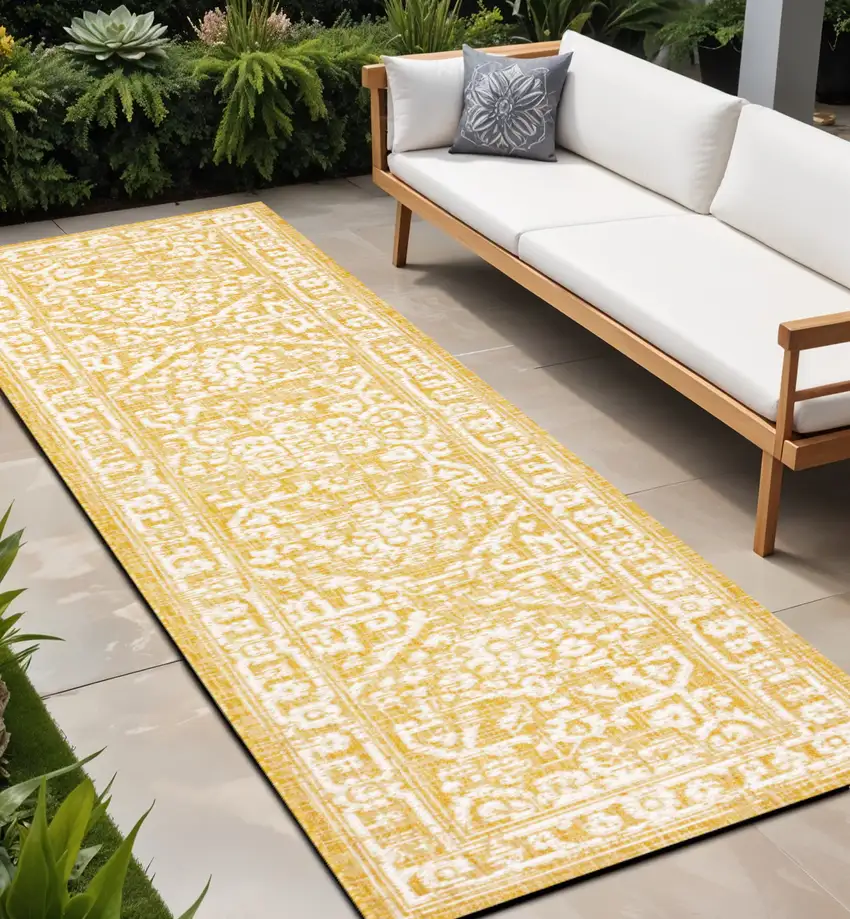8' Yellow And Cream Medallion Indoor Outdoor Runner Rug Photo 1