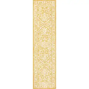 Photo of 8' Yellow And Cream Medallion Indoor Outdoor Runner Rug