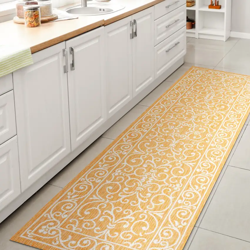 10' Yellow And Cream Medallion Indoor Outdoor Runner Rug Photo 6