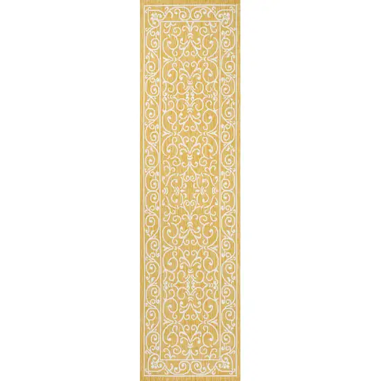 10' Yellow And Cream Medallion Indoor Outdoor Runner Rug Photo 1