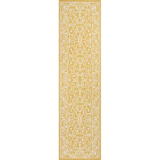 8' Yellow And Cream Medallion Indoor Outdoor Runner Rug Photo 3