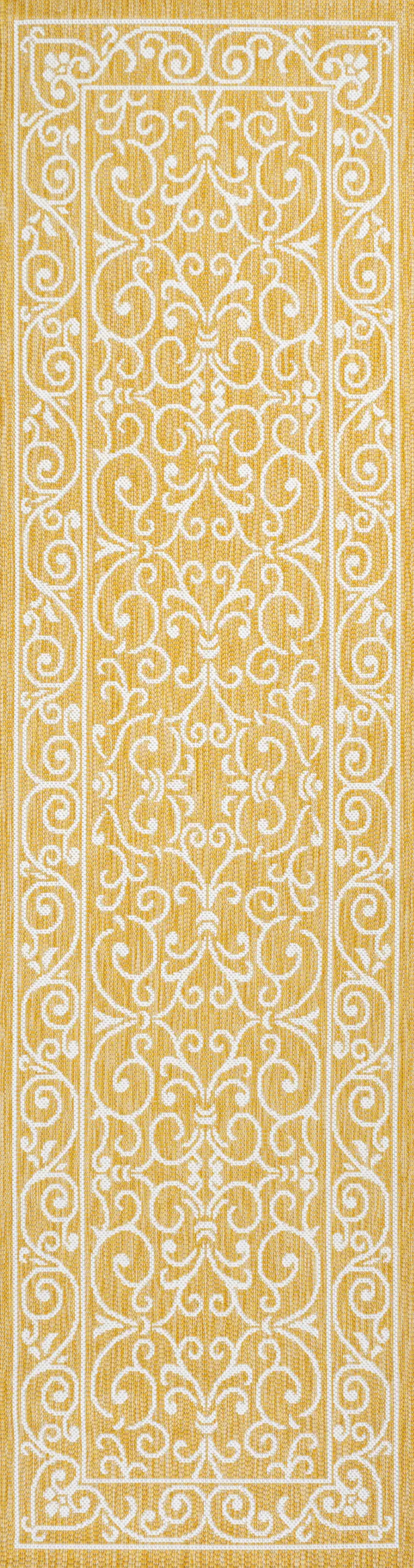 8' Yellow And Cream Medallion Indoor Outdoor Runner Rug Photo 3