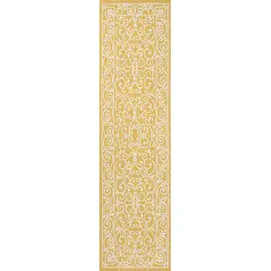 Photo of 8' Yellow And Cream Medallion Indoor Outdoor Runner Rug