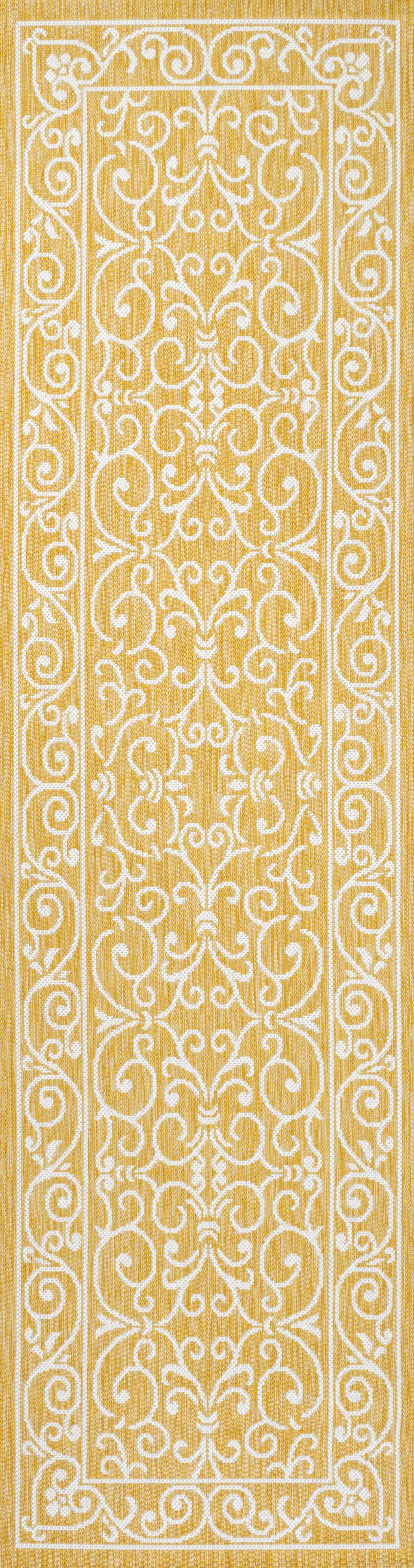 8' Yellow And Cream Medallion Indoor Outdoor Runner Rug Photo 1