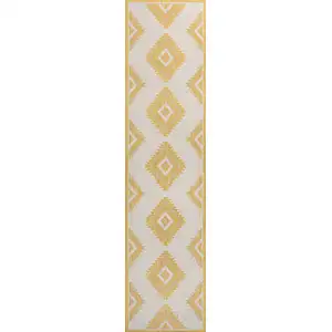 Photo of 8' Yellow And Cream Moroccan Indoor Outdoor Runner Rug