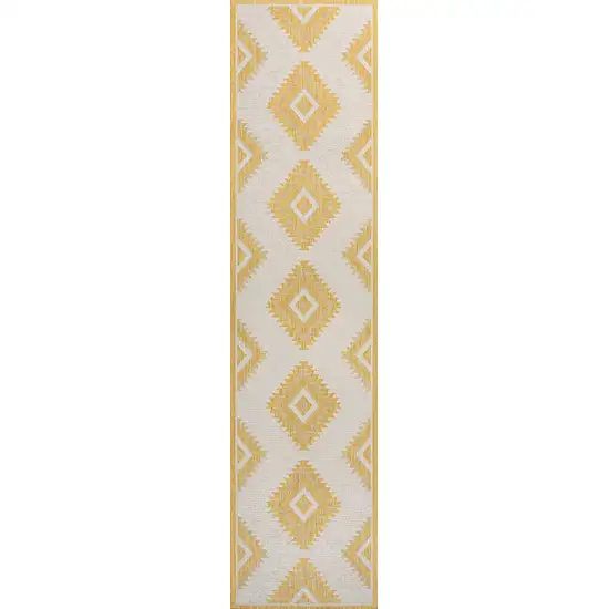8' Yellow And Cream Moroccan Indoor Outdoor Runner Rug Photo 1