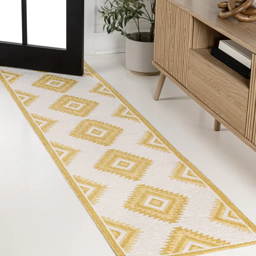 8' Yellow And Cream Moroccan Indoor Outdoor Runner Rug Photo 4