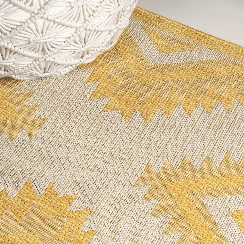8' Yellow And Cream Moroccan Indoor Outdoor Runner Rug Photo 9