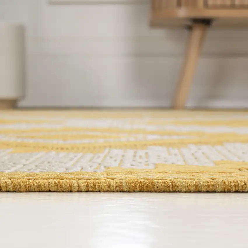 8' Yellow And Cream Moroccan Indoor Outdoor Runner Rug Photo 6