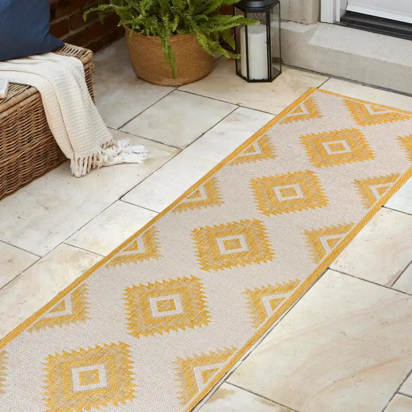 8' Yellow And Cream Moroccan Indoor Outdoor Runner Rug Photo 5