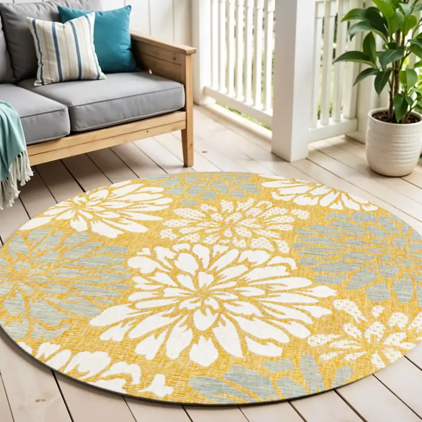 5' Yellow And Cream Round Floral Indoor Outdoor Area Rug Photo 1