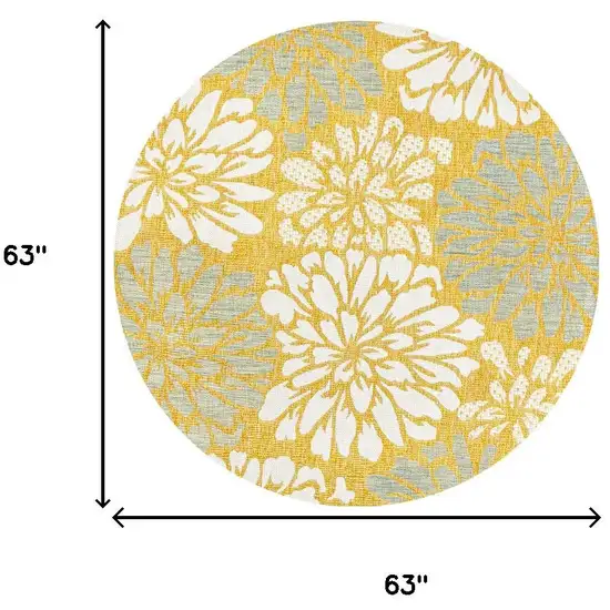 5' Yellow And Cream Round Floral Indoor Outdoor Area Rug Photo 9