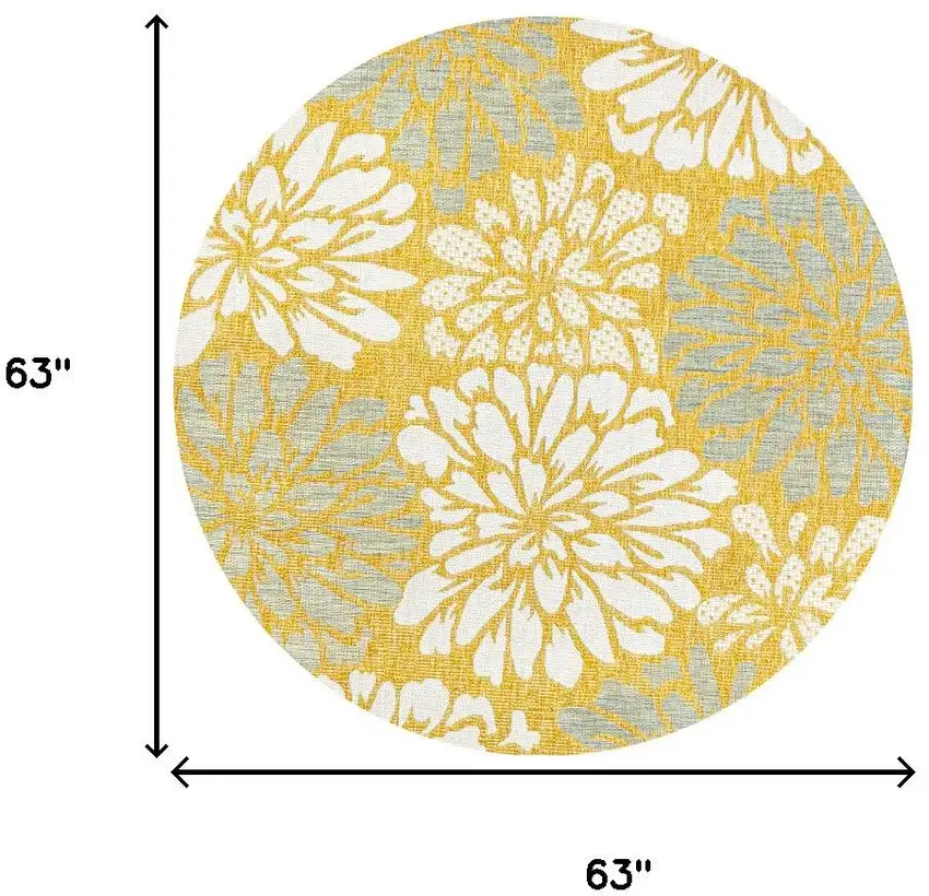 5' Yellow And Cream Round Floral Indoor Outdoor Area Rug Photo 9