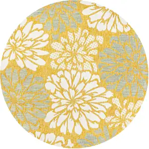 Photo of 5' Yellow And Cream Round Floral Indoor Outdoor Area Rug