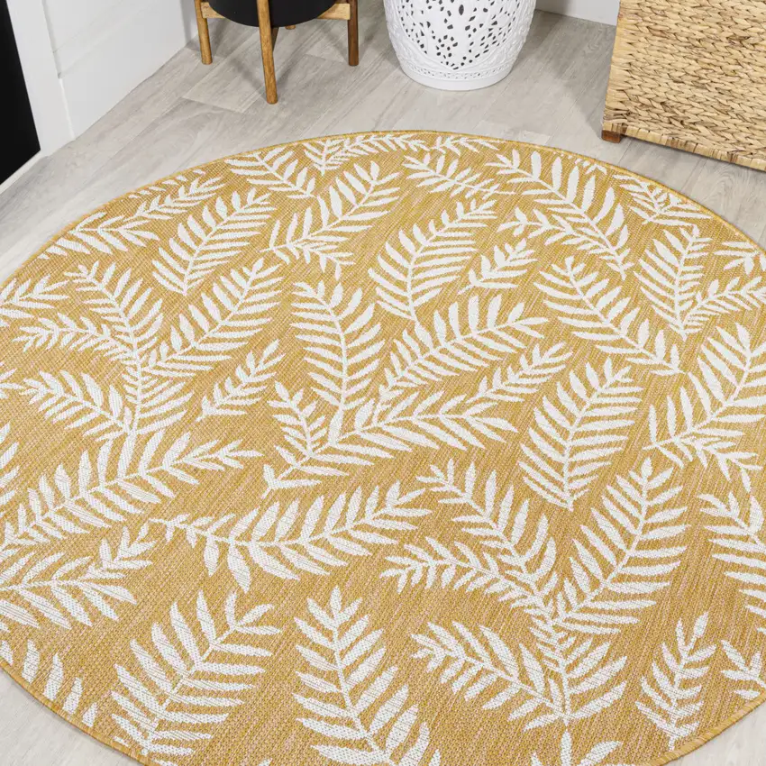 5' Yellow And Cream Round Floral Indoor Outdoor Area Rug Photo 4
