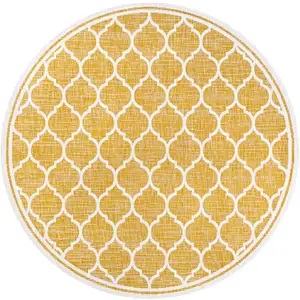 Photo of 5' Yellow And Cream Round Geometric Indoor Outdoor Area Rug