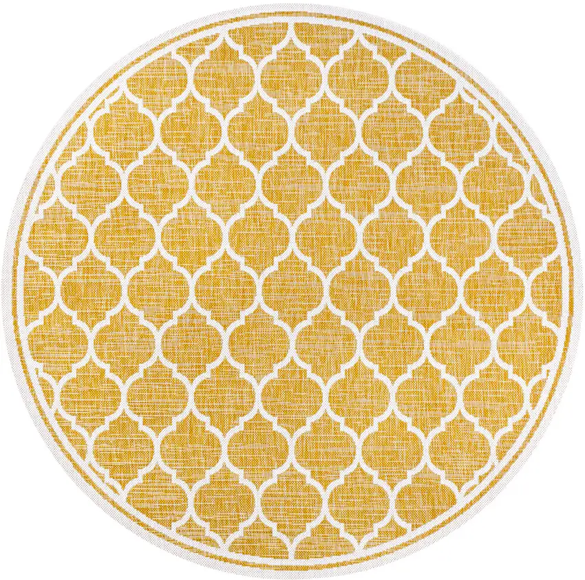 5' Yellow And Cream Round Geometric Indoor Outdoor Area Rug Photo 1