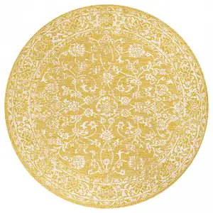 Photo of 5' Yellow And Cream Round Medallion Indoor Outdoor Area Rug