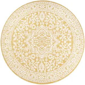 Photo of 5' Yellow And Cream Round Medallion Indoor Outdoor Area Rug