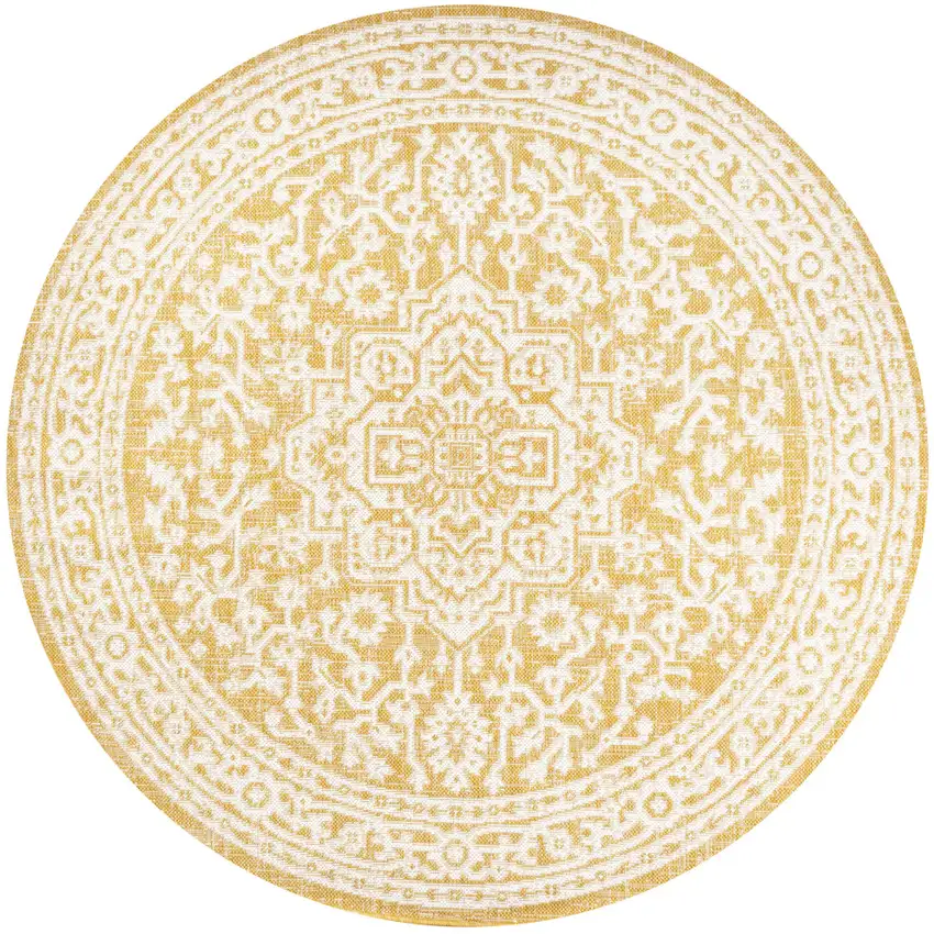 5' Yellow And Cream Round Medallion Indoor Outdoor Area Rug Photo 1