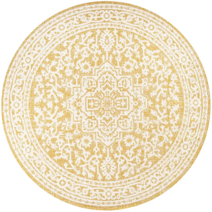 5' Yellow And Cream Round Medallion Indoor Outdoor Area Rug Photo 3