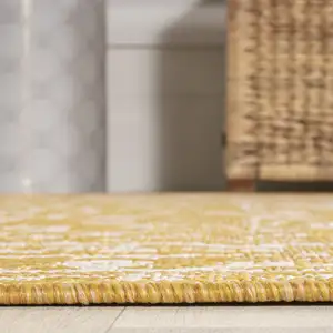 Photo of 5' Yellow And Cream Round Medallion Indoor Outdoor Area Rug