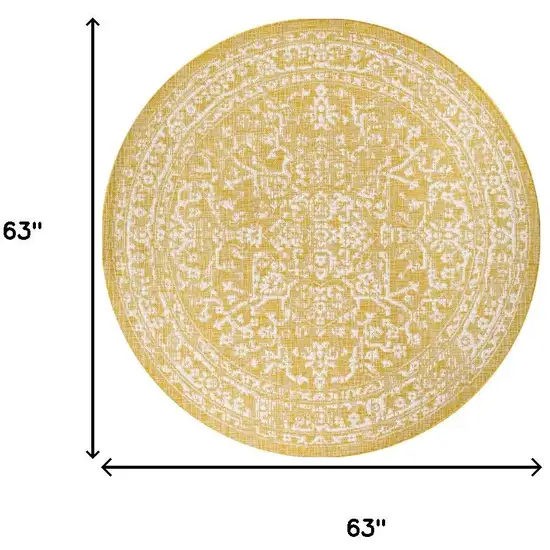 5' Yellow And Cream Round Medallion Indoor Outdoor Area Rug Photo 8