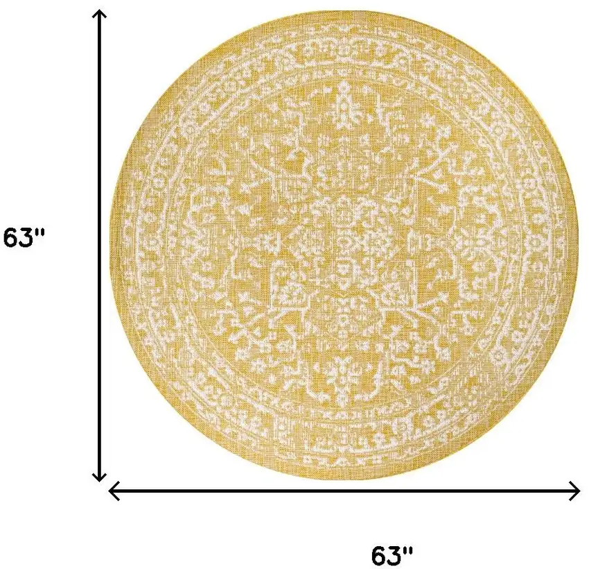 5' Yellow And Cream Round Medallion Indoor Outdoor Area Rug Photo 8