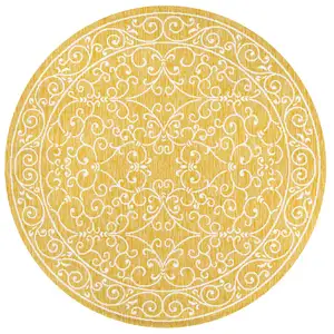 Photo of 5' Yellow And Cream Round Medallion Indoor Outdoor Area Rug