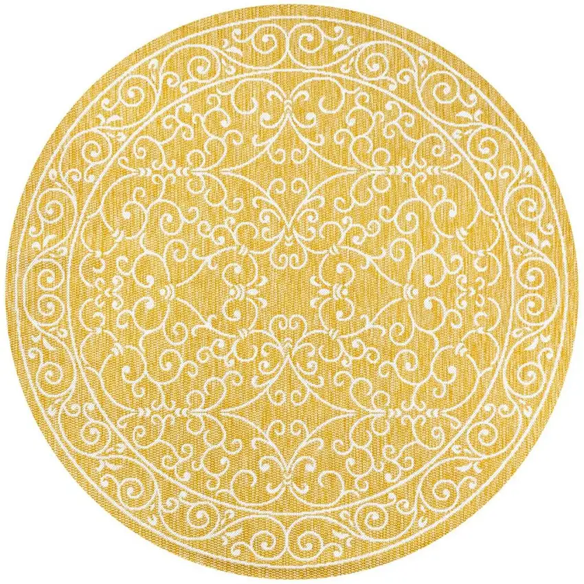 5' Yellow And Cream Round Medallion Indoor Outdoor Area Rug Photo 3