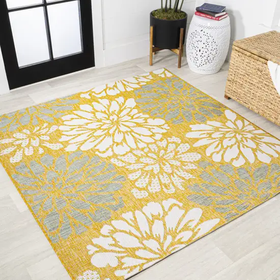 5' Yellow And Cream Square Floral Indoor Outdoor Area Rug Photo 4