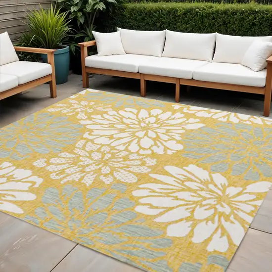 5' Yellow And Cream Square Floral Indoor Outdoor Area Rug Photo 1