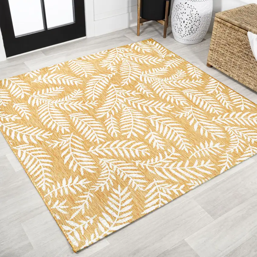 5' Yellow And Cream Square Floral Indoor Outdoor Area Rug Photo 4