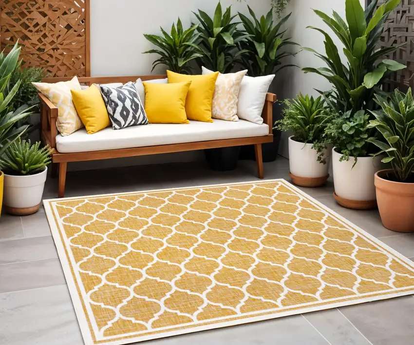 5' Yellow And Cream Square Geometric Indoor Outdoor Area Rug Photo 1