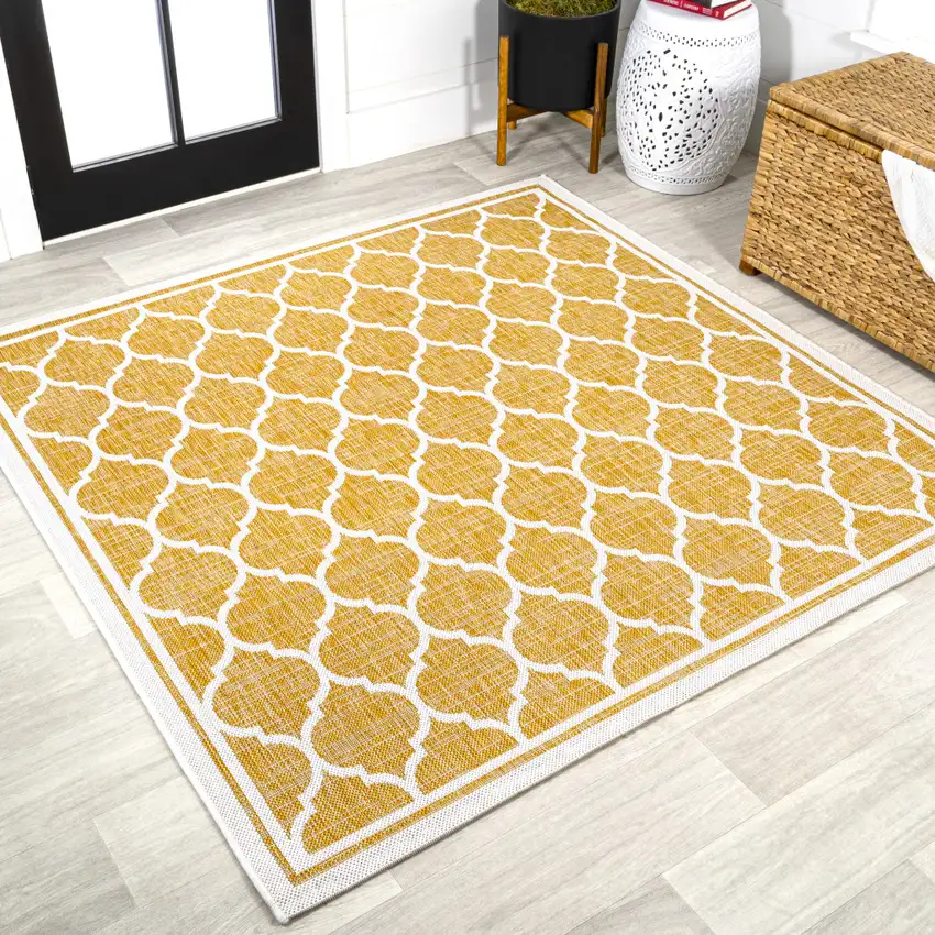 5' Yellow And Cream Square Geometric Indoor Outdoor Area Rug Photo 4