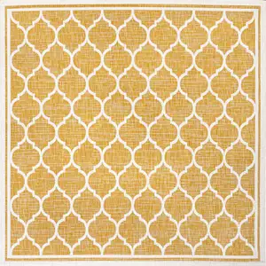 Photo of 5' Yellow And Cream Square Geometric Indoor Outdoor Area Rug