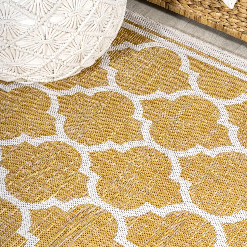 5' Yellow And Cream Square Geometric Indoor Outdoor Area Rug Photo 8